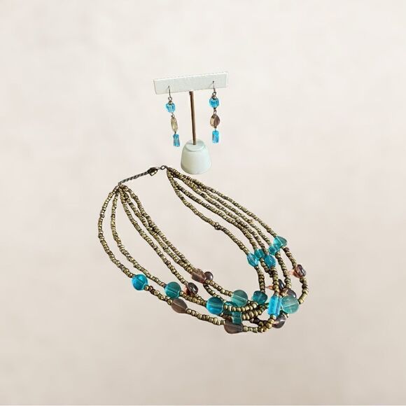 Beaded Bronze & Turquoise Matching Necklace and Earring Set - Picture 2 of 8